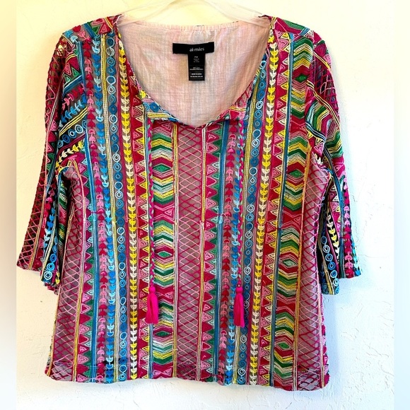 Ali Miles Colorful Woven Boho Flared Sleeves V-Neck with Tassels Blouse Sz MP - Picture 1 of 11